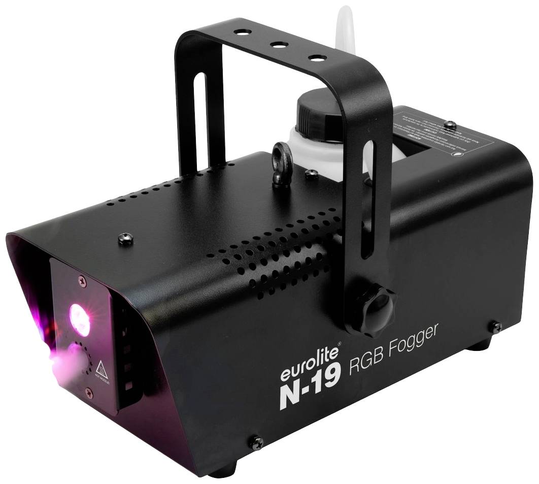 Machine portant l'inscription 'eurolite N-19 RGB Fogger'. Utilisée pour produire du brouillard, boîtier noir, éclairage LED à l'avant.