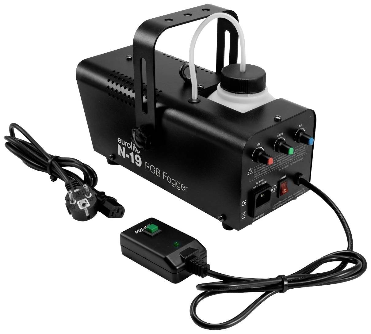 Machine à fumée Eurolite N-19 RGB montre un appareil noir avec des câbles et des boutons, utilisé pour des effets de lumière et de fumée sur scène.