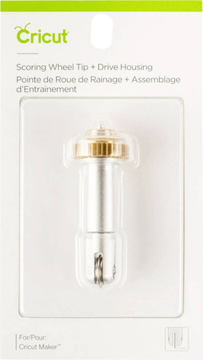 Boîte en carton portant l'inscription « Cricut Scoring Wheel Tip + Drive Housing ». Contient un outil de pliage argenté pour Cricut Maker.