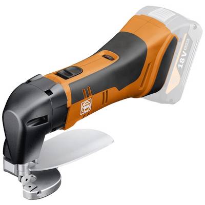 Machine de découpe à batterie orange et noire pour matériaux tels que le métal ou le plastique, isolée sur fond blanc.