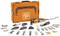Un ensemble d'outils multifonctions orange avec accessoires et mallette. Comprend divers embouts pour des travaux tels que le ponçage et la coupe.