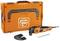Un outil électrique orange de la marque Fein avec ses accessoires est posé devant un coffret de transport assorti de la même couleur orange.