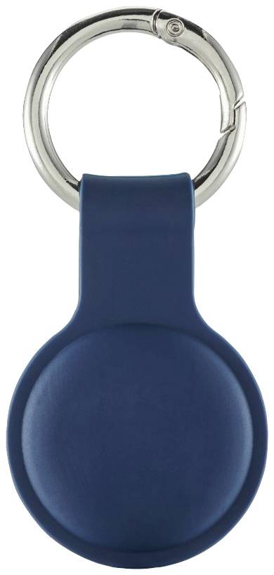 Un porte-clés bleu avec une partie pendentif ronde et un anneau de clé argenté.