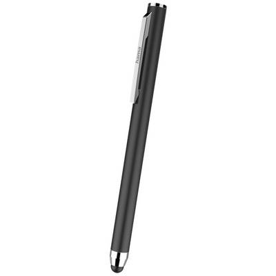 Un stylo à bille noir avec un clip et un embout argentés, vu de biais.