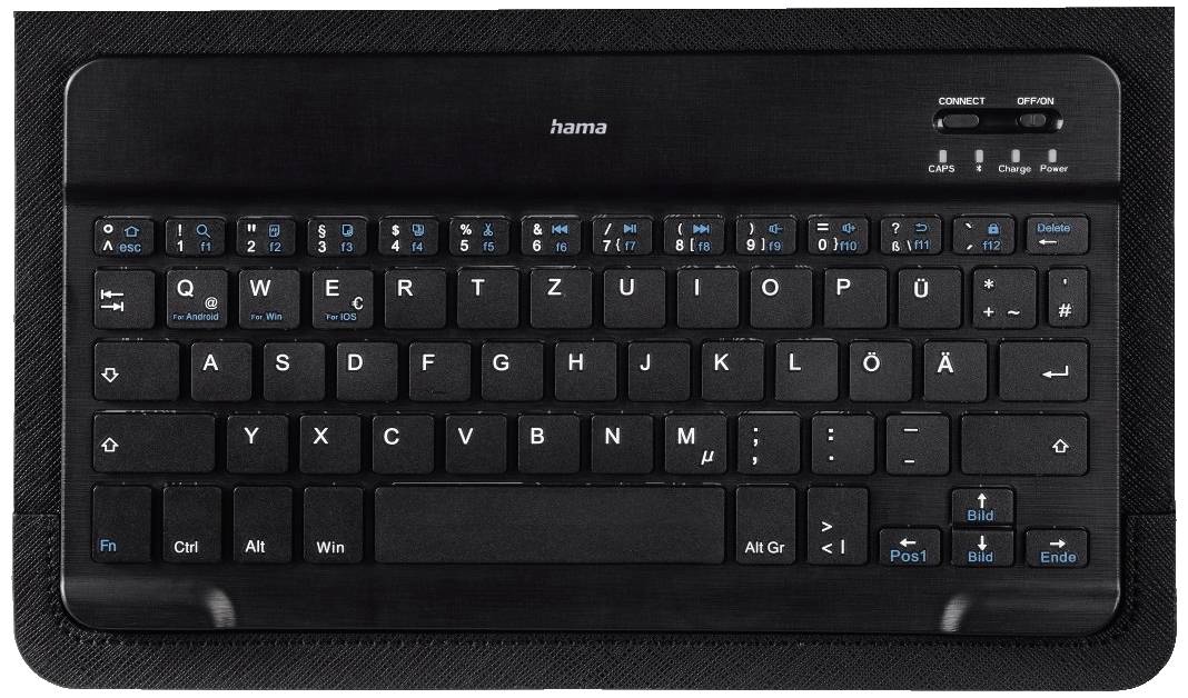 Clavier sans fil noir QWERTZ avec touches de fonction, touches fléchées et disposition allemande. Voyants LED en haut à droite pour l'état de connexion et de charge.
