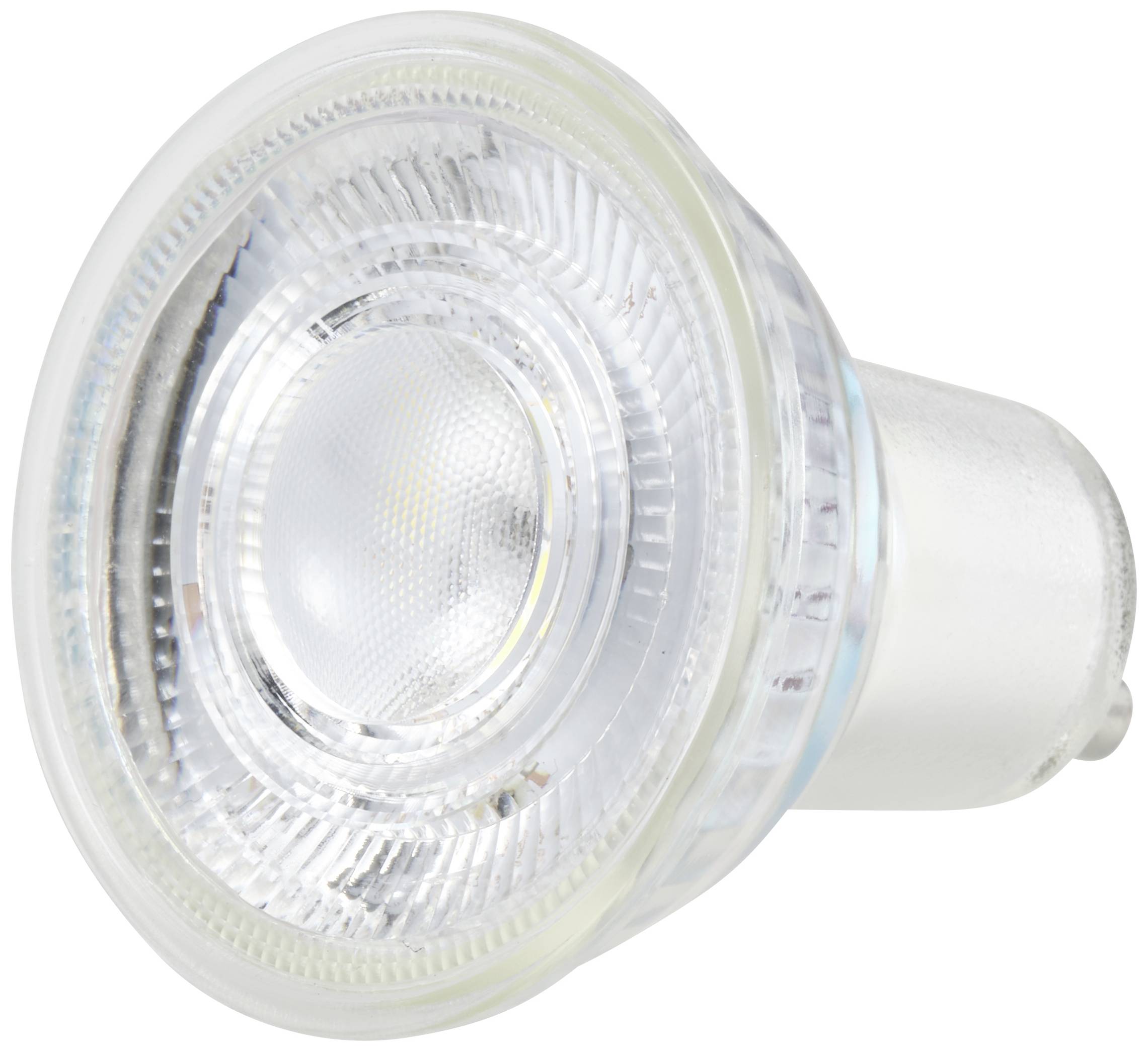 Une ampoule LED avec un boîtier transparent et une fiche bilatérale, présentée sur un fond blanc.