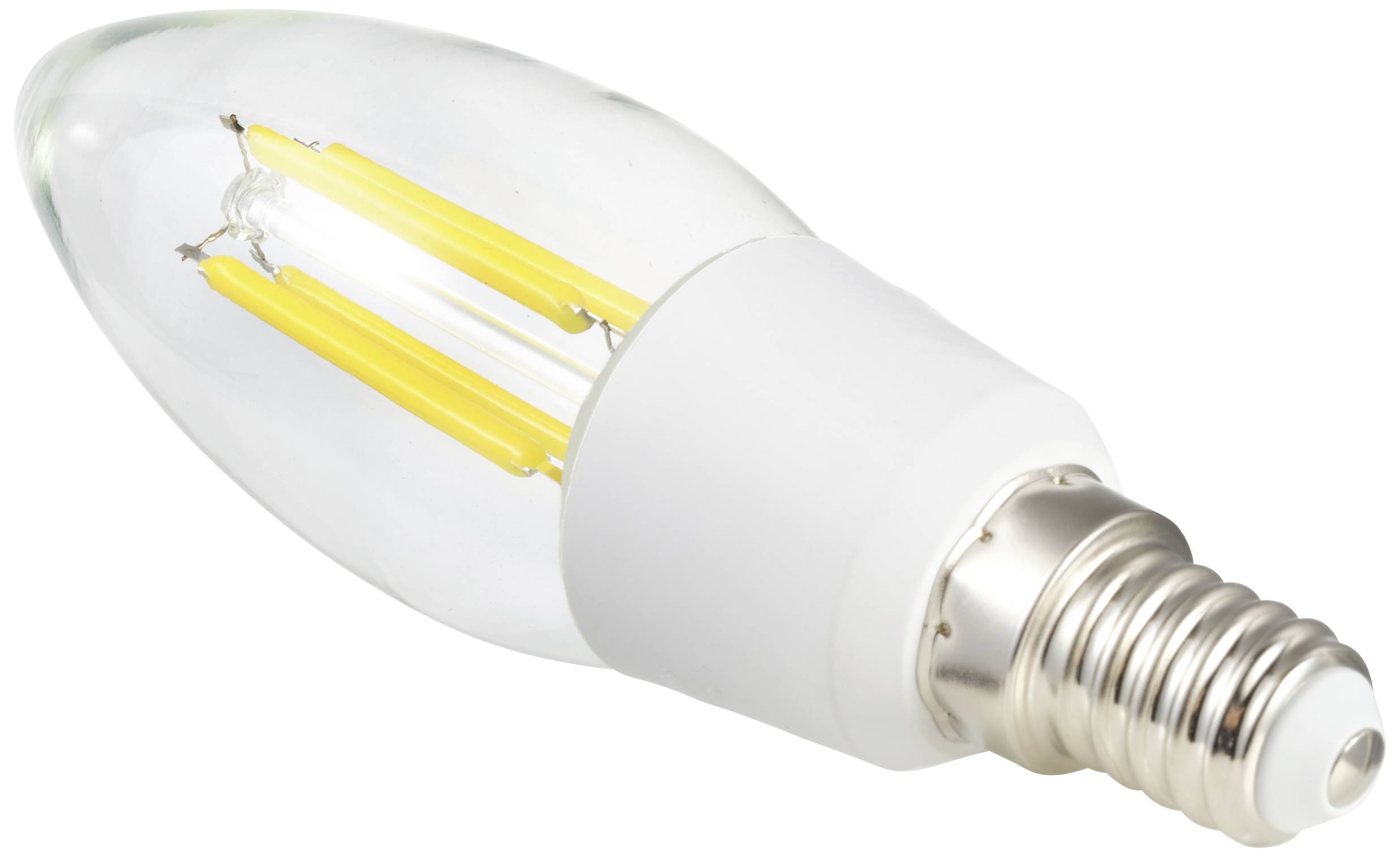Une ampoule LED en forme de bougie avec des filaments jaunes visibles et une douille E14.