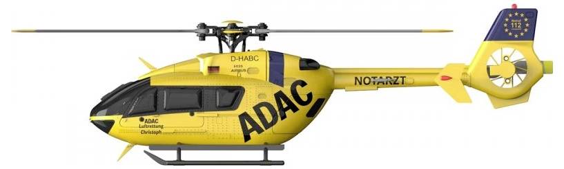 Hélicoptère de secours ADAC jaune avec inscription 'Médecin urgentiste' sur le côté, vue latérale avec identification détaillée et symboles.
