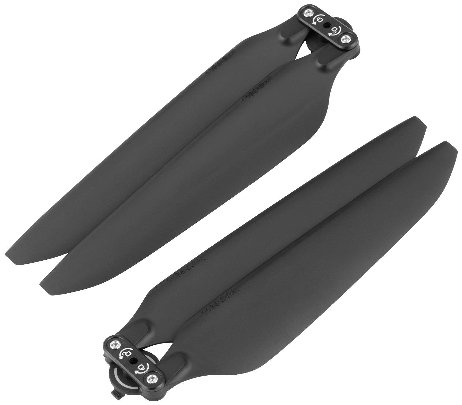 Deux hélices de drone noires sont disposées côte à côte. Elles sont agencées de manière symétrique, avec des moyeux marquants à leurs extrémités.