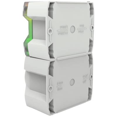 Un composant électrique rectangulaire gris avec une couche de protection verte et orange sur le côté. Face avant et arrière équipées d'un socle à vis.