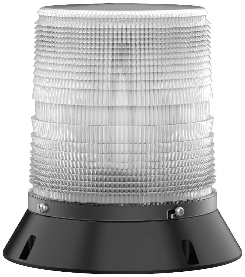 Lampe de signalisation LED blanche transparente avec socle noir, utilisée pour les alarmes visuelles ou les signaux dans les environnements industriels.