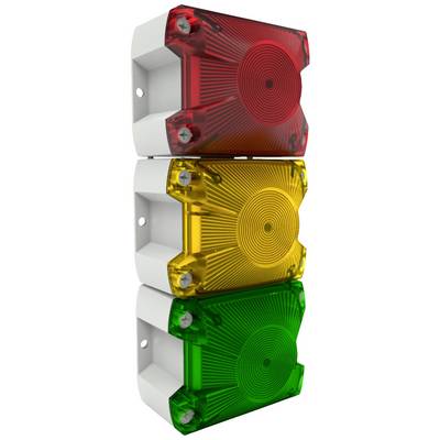 'Trois feux empilés les uns sur les autres : rouge en haut, jaune au milieu, vert en bas, montés sur un support blanc.'