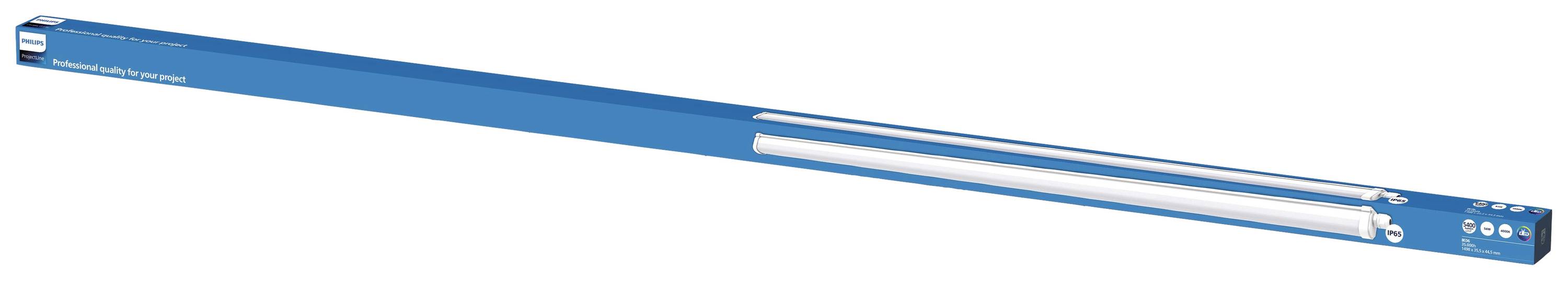 Barre lumineuse bleue dans un emballage, probablement destinée à des fins d'éclairage, avec des détails techniques visibles sur l'emballage.