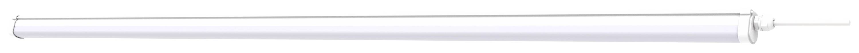 Une longue lampe fluorescente LED blanche, orientée horizontalement, avec un câble sur le côté droit.