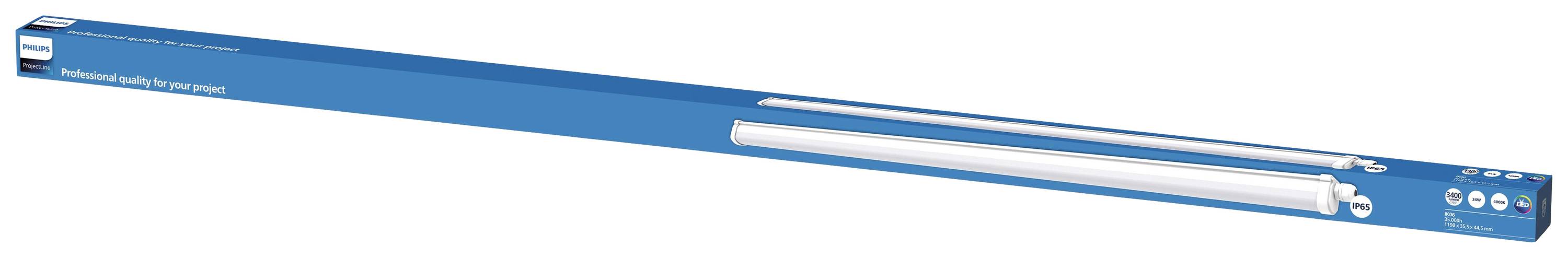 Emballage d'un tube fluorescent Philips. Design long et étroit de couleur bleue avec une image du produit et des spécifications sur le côté.