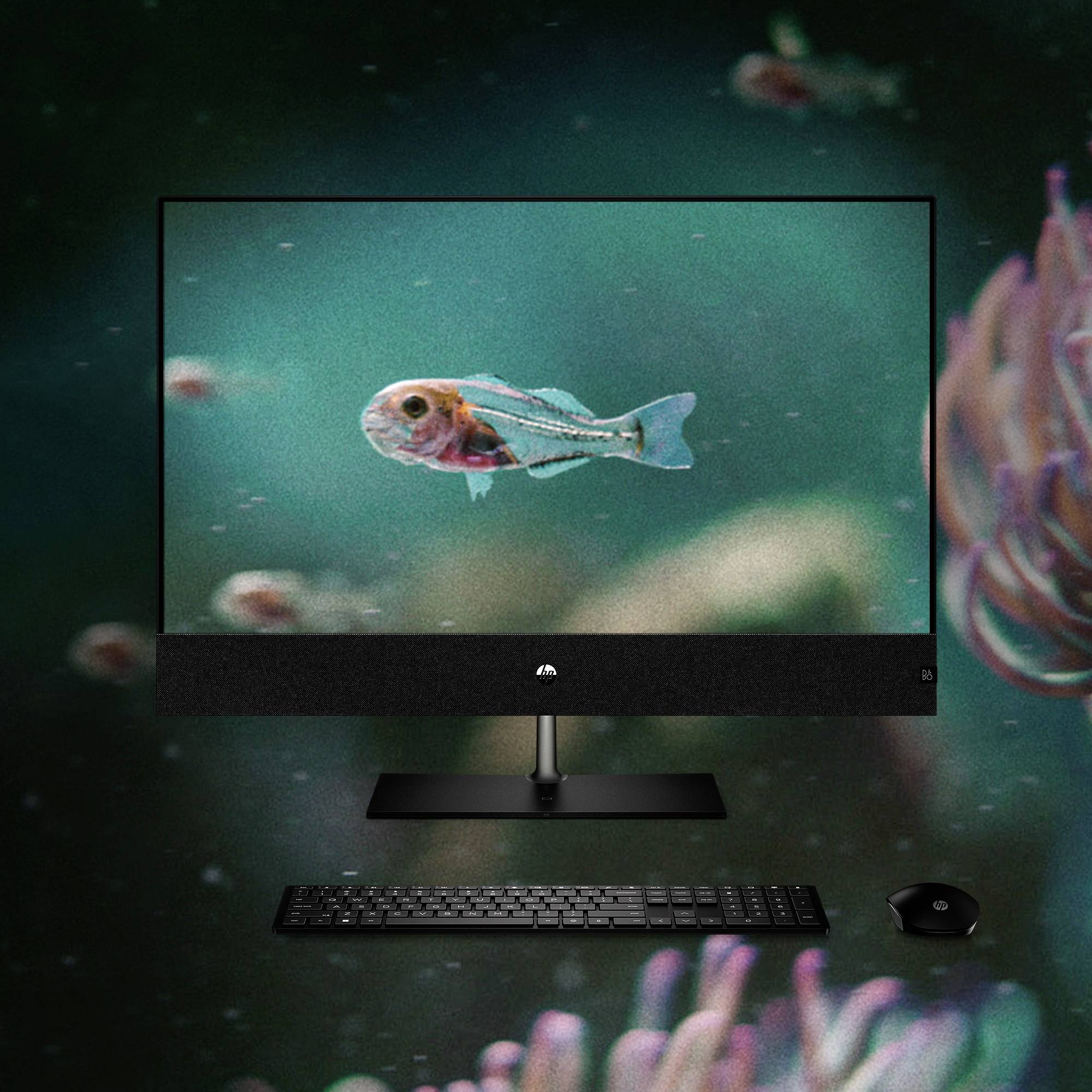 Un écran d'ordinateur affiche une image d'un poisson sous l'eau. Au premier plan, on peut voir un clavier et une souris.