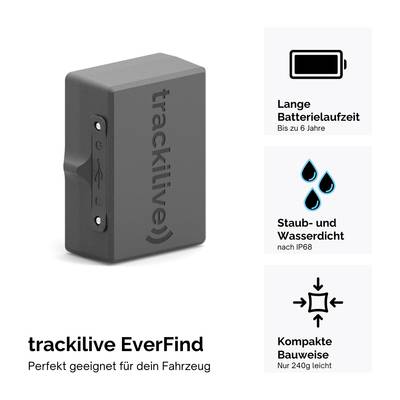 Appareil de suivi noir avec l'inscription 'trackilive'. Texte : 'Longue durée de batterie jusqu'à 6 ans', 'Étanche et résistant à la poussière selon IP68', 'Design compact ne pesant que 240g'.