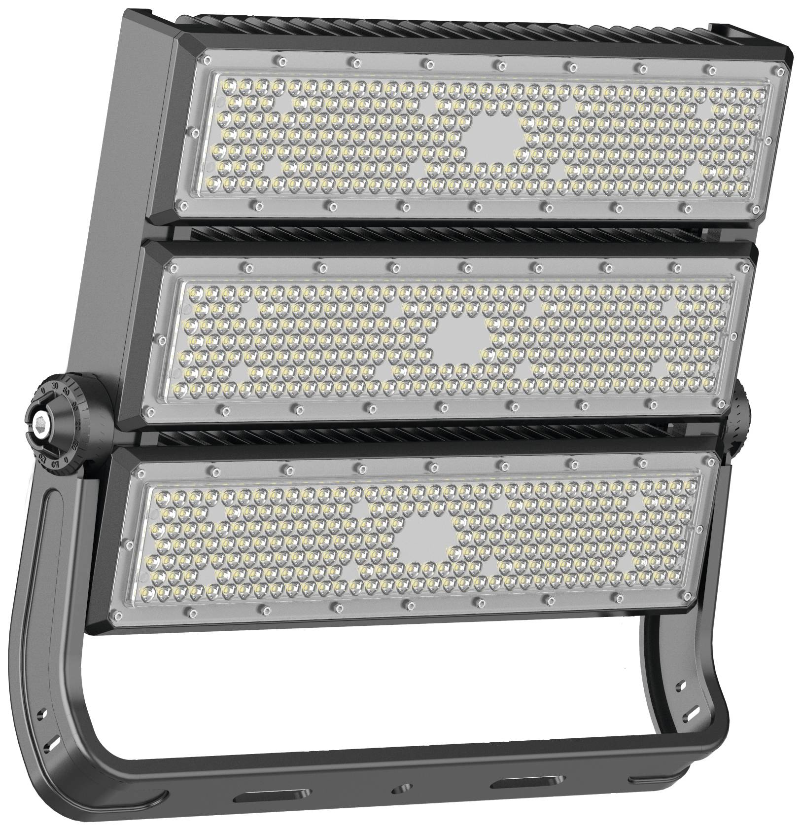 Projecteur LED à trois parties, fixé sur un support réglable. Adapté pour un éclairage à grande surface en extérieur.