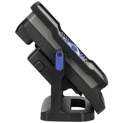 Projecteur LED portable et réglable, vu de côté, avec interrupteur bleu et support, adapté à l'éclairage extérieur.