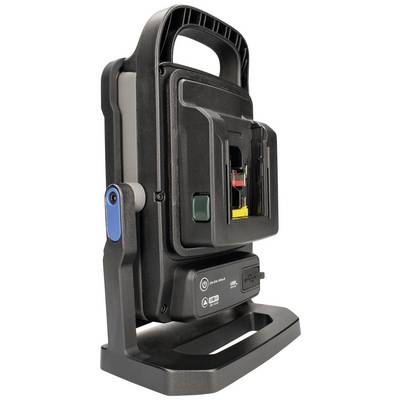 Une lampe de travail LED portable et rechargeable, logée dans un boîtier en plastique noir robuste, équipée d'une poignée et d'un pied réglable.