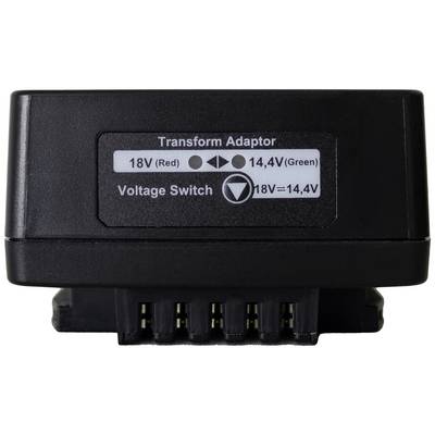 Adaptateur transformateur noir avec deux réglages de tension : '18V (Rouge)' et '14,4V (Vert)'. Interrupteur de changement de tension.