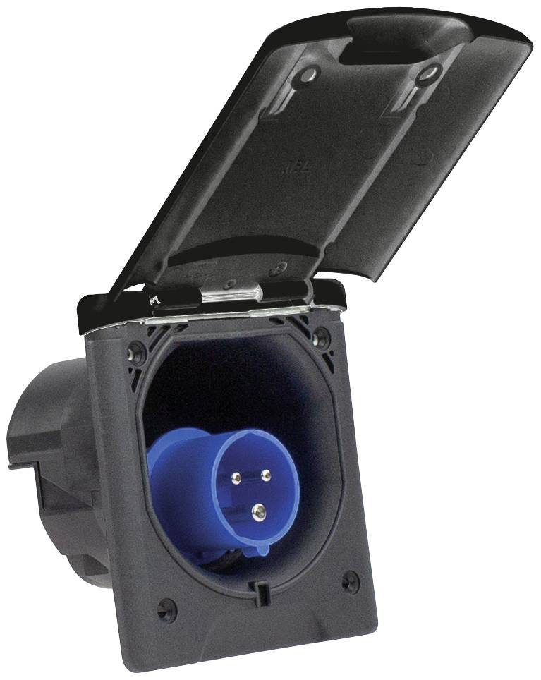 Prise électrique noire avec couvercle ouvert et borne de terre bleue, montée sur le mur, adaptée pour utilisation extérieure.