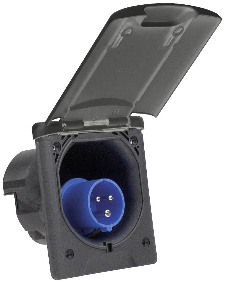 Une prise électrique extérieure noire, coudée, avec un couvercle rabattable ouvert et une fiche bleue à l'intérieur.