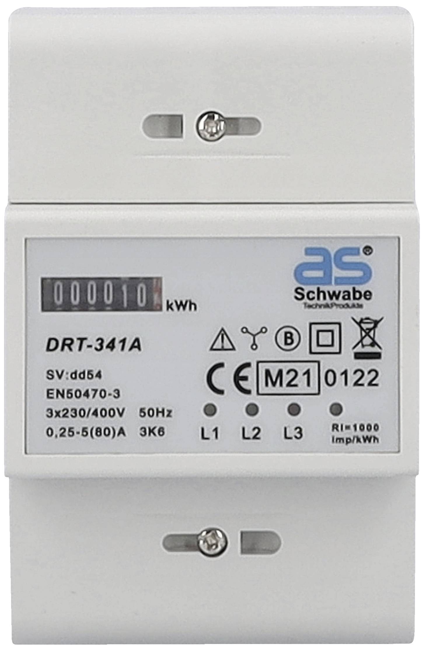 Compteur électrique à affichage numérique '000010 kWh', type DRT-341A, adapté pour mesure triphasée, max. 80A, 50Hz.