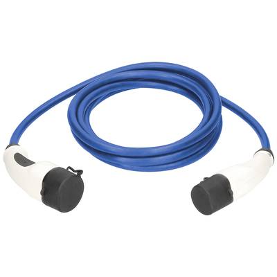 Long câble bleu avec des connecteurs blancs aux deux extrémités, adapté pour la charge de véhicules électriques.