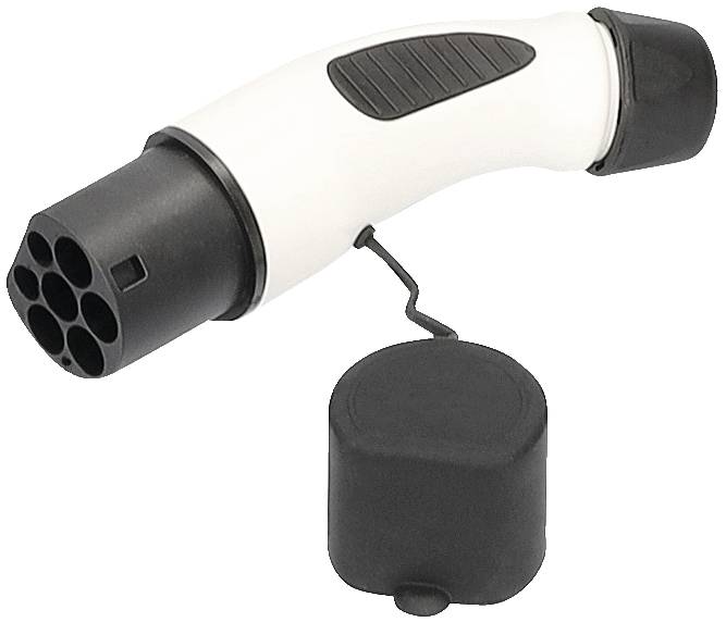 Un connecteur de charge électrique noir et blanc avec un capuchon de protection amovible, couramment utilisé pour les véhicules électriques.