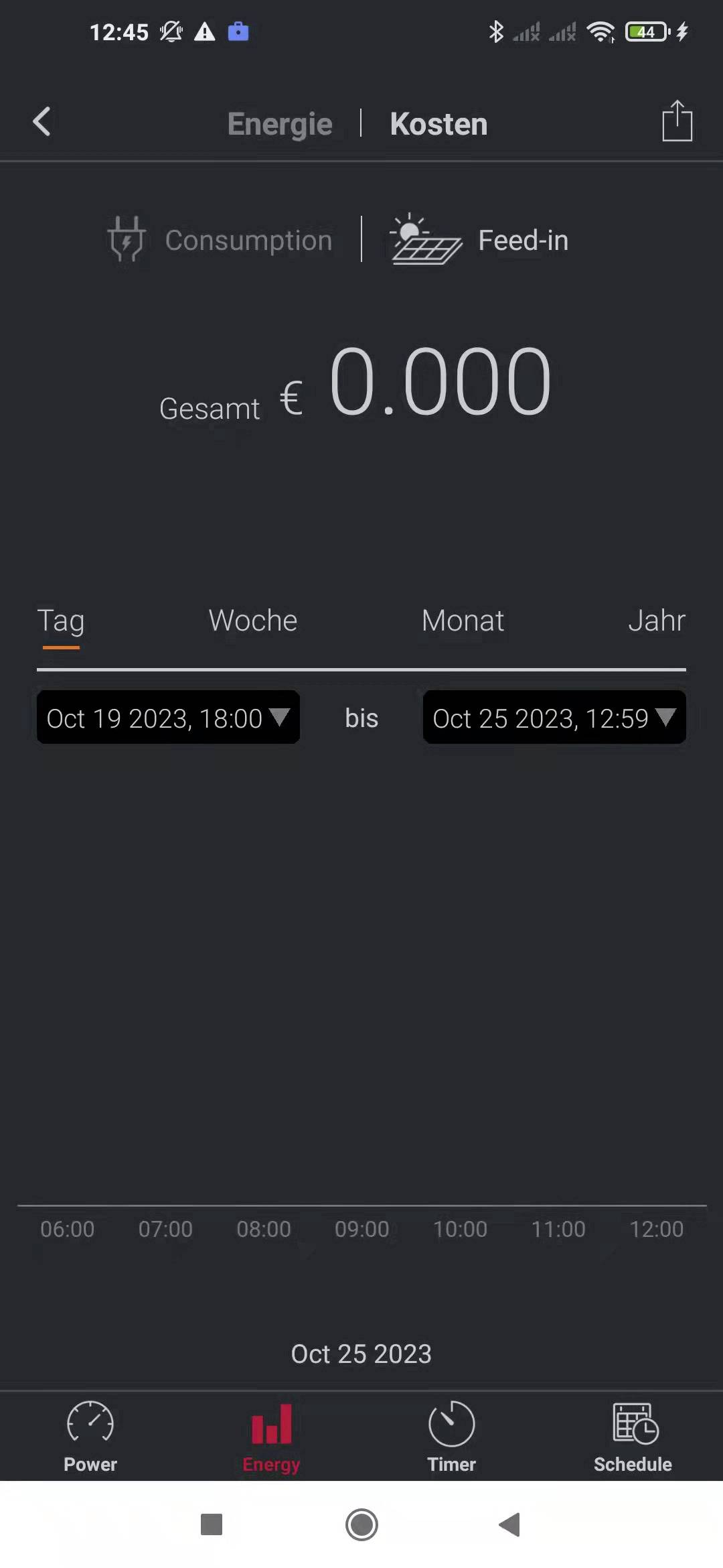 Image d'une interface d'application énergétique. Affichage de l'onglet 'Énergie' et du sous-onglet 'Coûts'. Montant total 0,000 EUR du 19 au 25 octobre 2023. Graphiques pour le jour et l'heure.