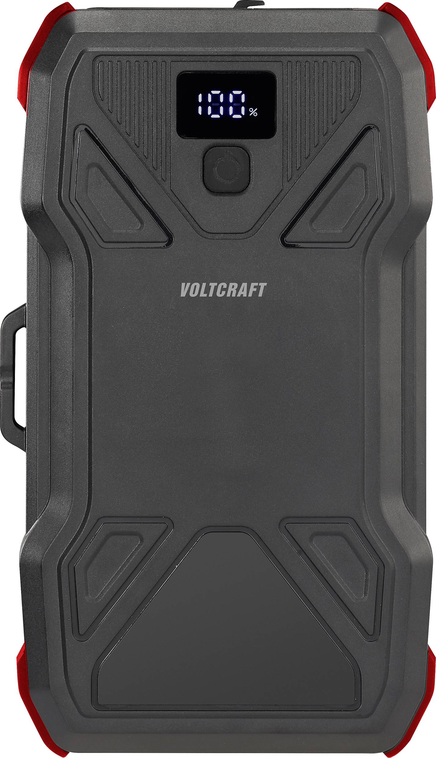 Batterie externe noire avec affichage numérique indiquant '100%'. Design robuste avec des touches rouges, adaptée à une utilisation en extérieur.