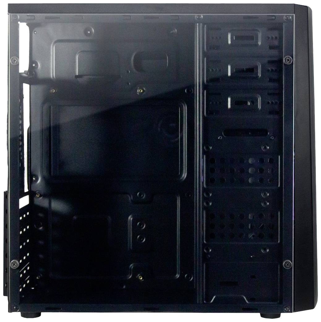 Un boîtier d'ordinateur vide avec une paroi latérale transparente. Il montre les structures internes et les supports pour des composants tels que les disques durs.