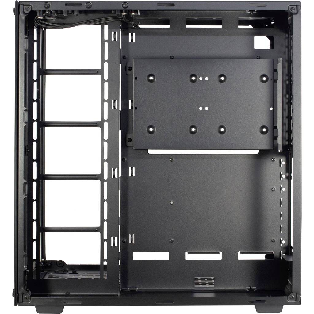 Boîtier d'ordinateur noir avec un panneau latéral ouvert, montrant l'intérieur pour la fixation des composants, comprenant des baies de montage et des possibilités de gestion des câbles.