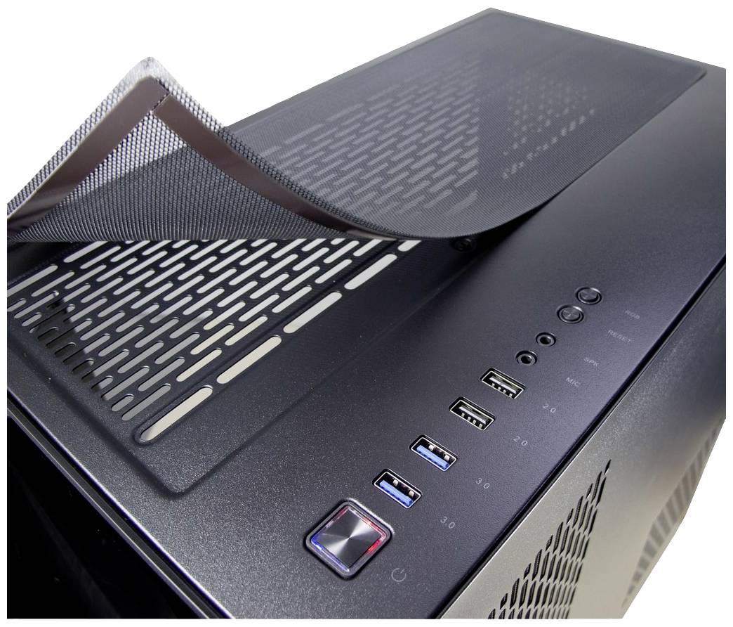 Boîtier d'ordinateur avec surface en maille amovible, présentant des ports USB et un bouton d'alimentation à l'avant. Idéal pour une ventilation améliorée.