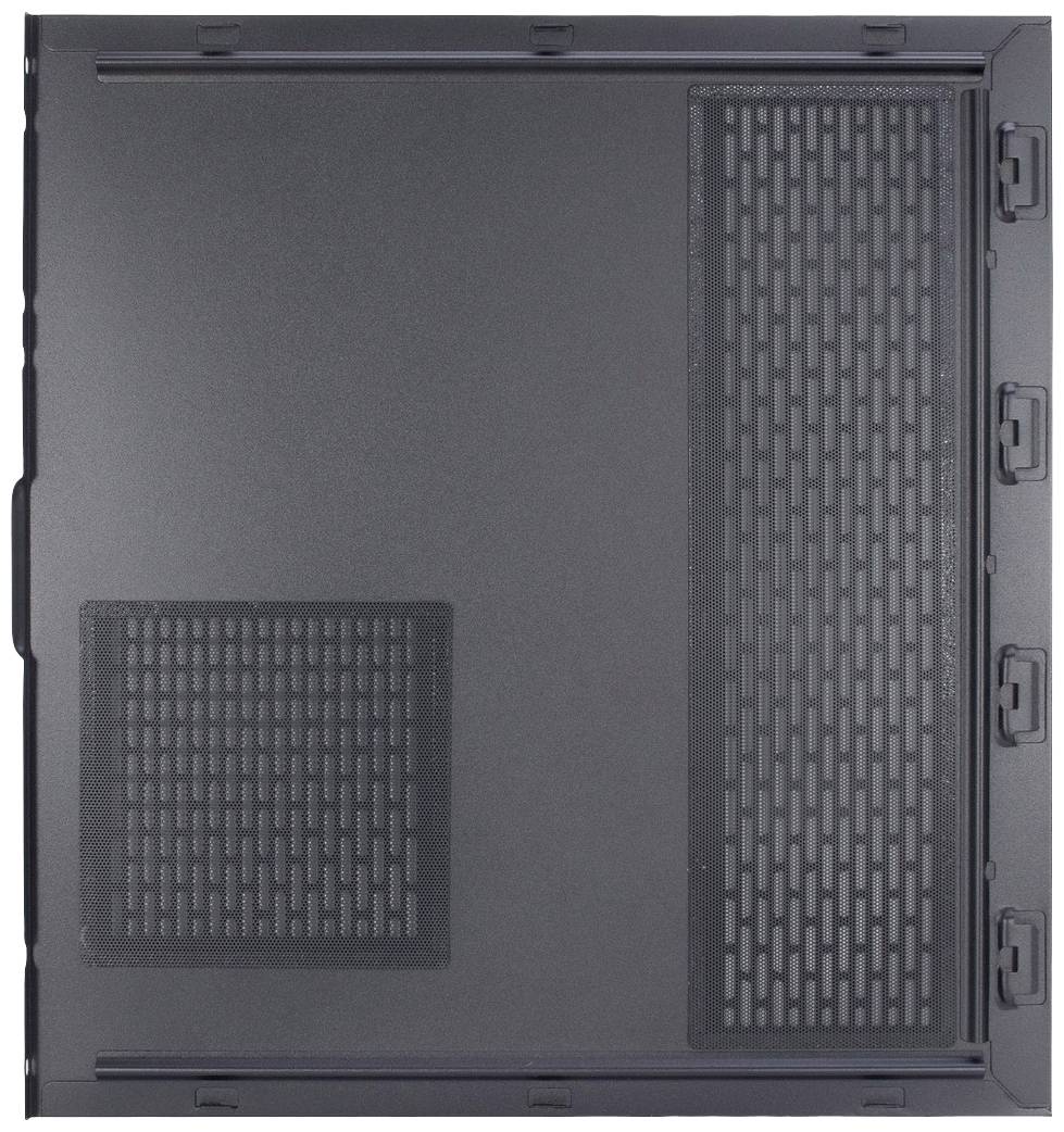 Face latérale d'un boîtier d'ordinateur avec deux grilles de ventilation, l'une petite et carrée, l'autre plus grande et rectangulaire.