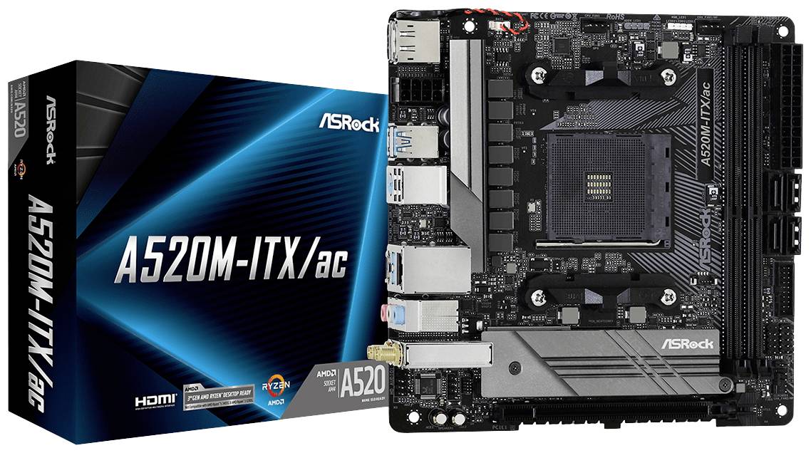 Carte mère ASRock A520M-ITX/ac à côté de son emballage. Caractéristiques : HDMI, PCIe 3.0, compatible avec les processeurs AMD AM4.