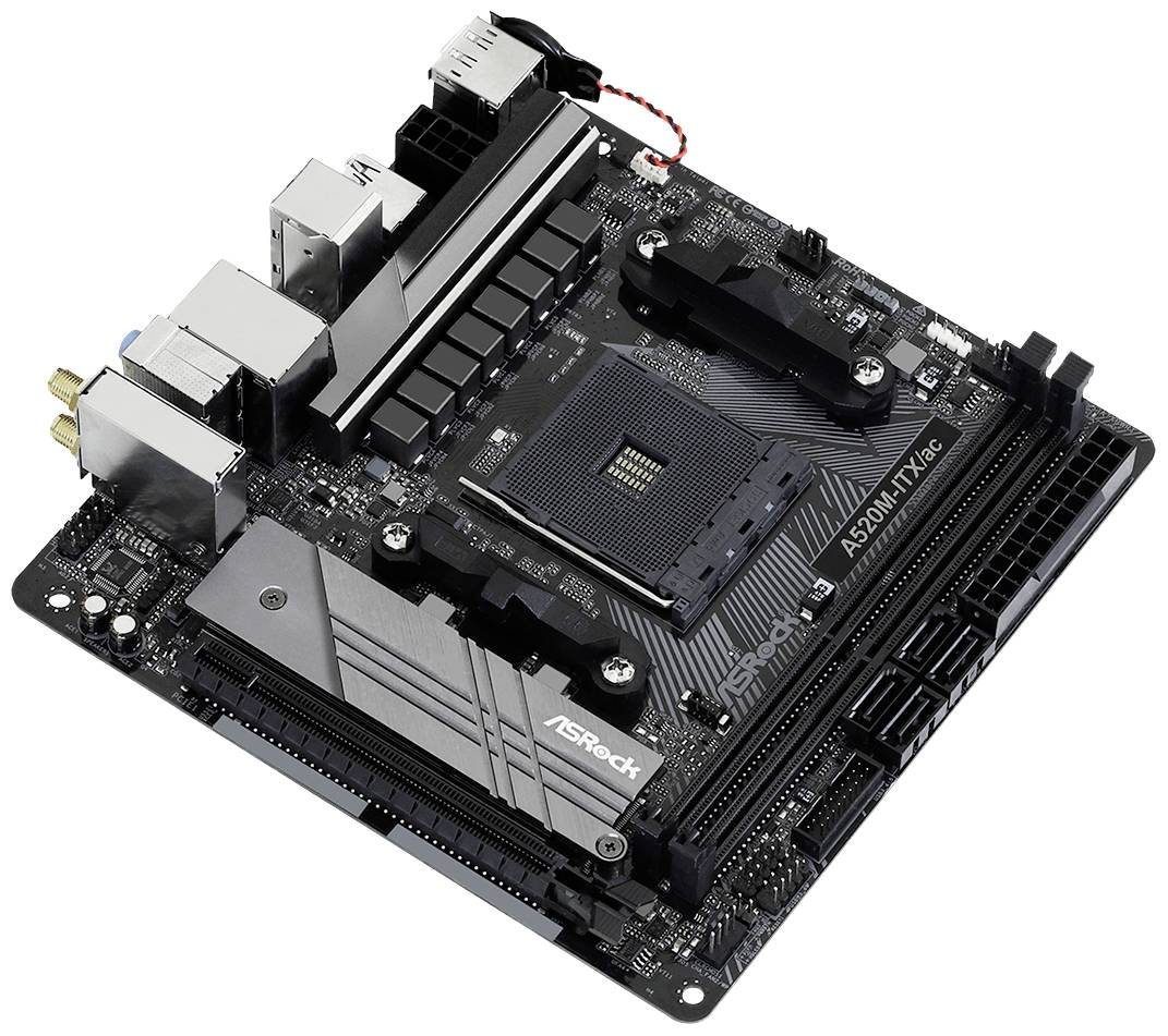 Carte mère avec plusieurs ports et emplacements destinés à connecter des composants informatiques. Contient le logo ASRock et le chipset A520M.