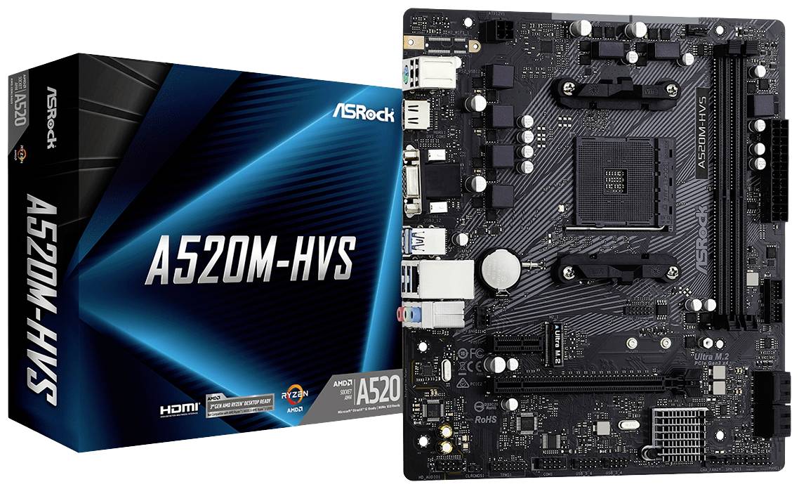 Carte mère ASRock A520M-HVS à côté de son emballage. La carte mère présente plusieurs ports, notamment USB, HDMI et des emplacements PCIe.