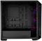Boîtier d'ordinateur noir ouvert avec éclairage RGB sur le côté droit. Supports internes pour carte mère, disques durs et ventilateurs visibles.
