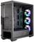 Boîtier PC noir avec trois ventilateurs RGB à l'avant. Le boîtier est ouvert et montre l'espace pour les composants et la gestion des câbles.