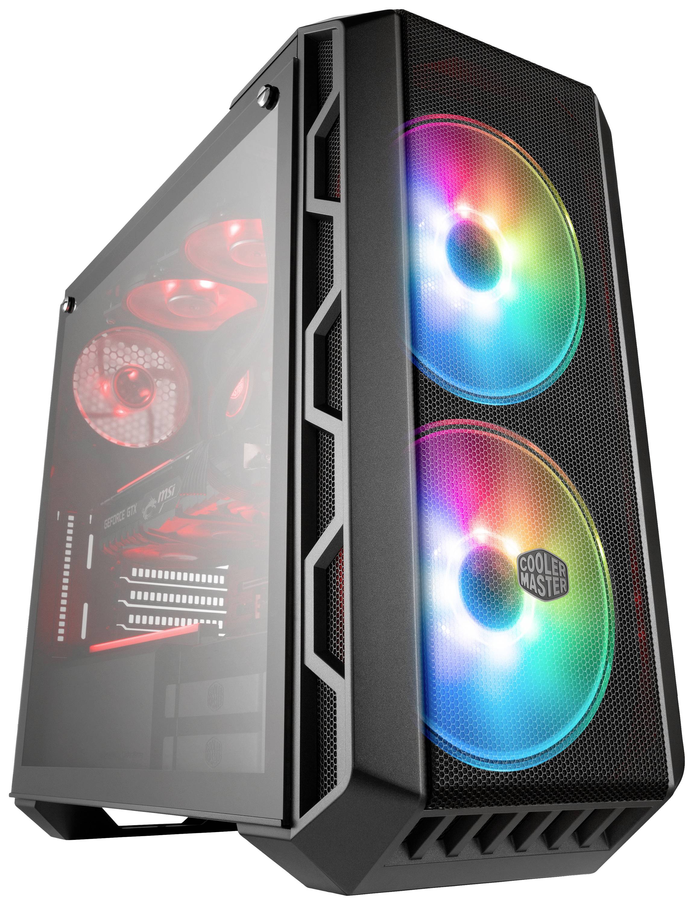 Boîtier d'ordinateur noir avec deux grands ventilateurs RGB lumineux à l'avant. Des lumières rouges internes sont visibles à travers un côté en verre.