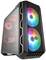 Boîtier d'ordinateur noir avec deux grands ventilateurs RGB lumineux à l'avant. Des lumières rouges internes sont visibles à travers un côté en verre.