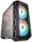 Un boîtier de PC gaming avec façade en verre montre deux grands ventilateurs lumineux aux couleurs arc-en-ciel. À l'intérieur, les LED et les composants matériels sont visibles.