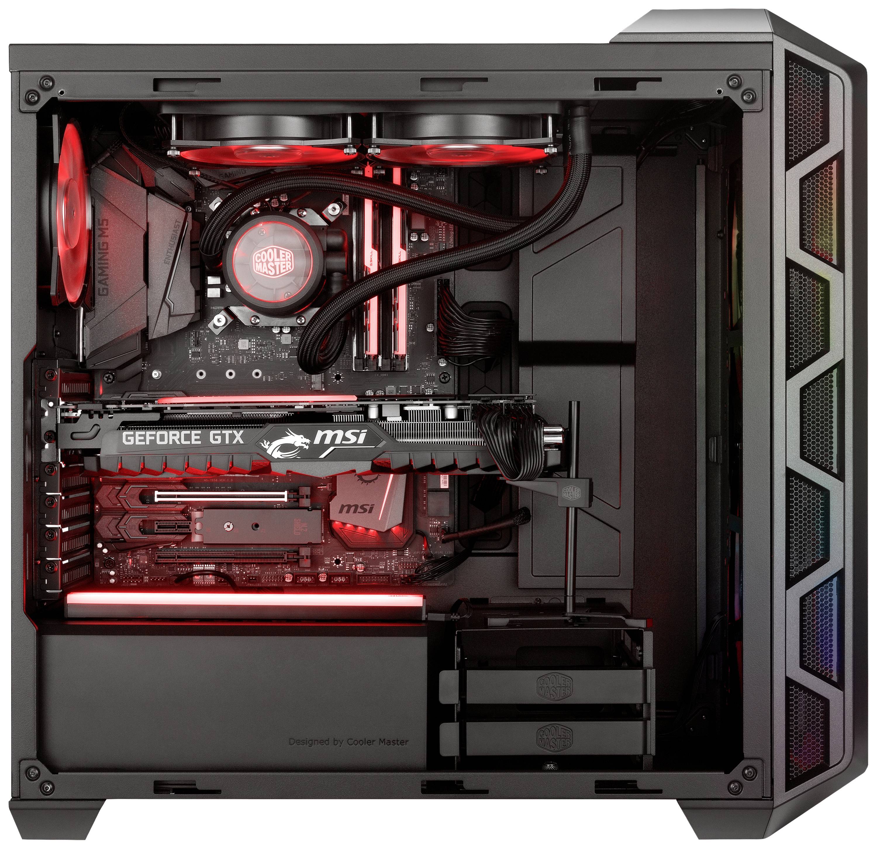Un ordinateur de bureau ouvert affiche une carte graphique 'Geforce GTX', des ventilateurs de refroidissement et des composants internes avec éclairage LED.