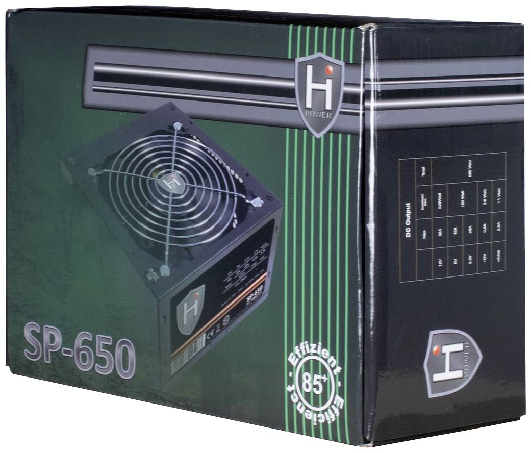Emballage du bloc d'alimentation SP-650 de Hiwear avec une image du produit et un symbole d'efficacité de 85 %.