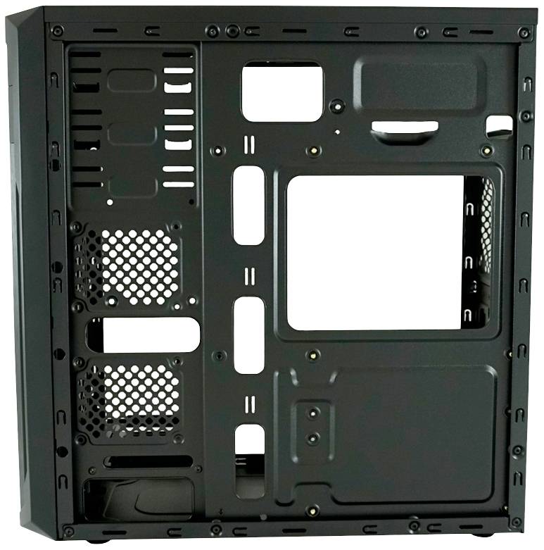 Boîtier d'ordinateur noir sans composants. Des emplacements vides pour les connecteurs, des grilles de ventilation et des ouvertures pour la gestion des câbles sont visibles.