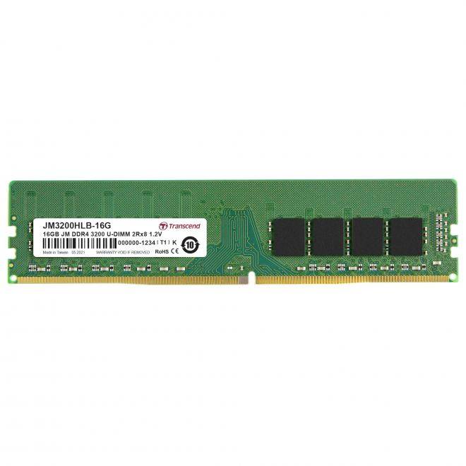 Module de mémoire vive de 16 Go DDR4-RAM de Transcend, numéro de modèle JM3200HLB-16G. Affiche le type, le logo du fabricant et le numéro de série.