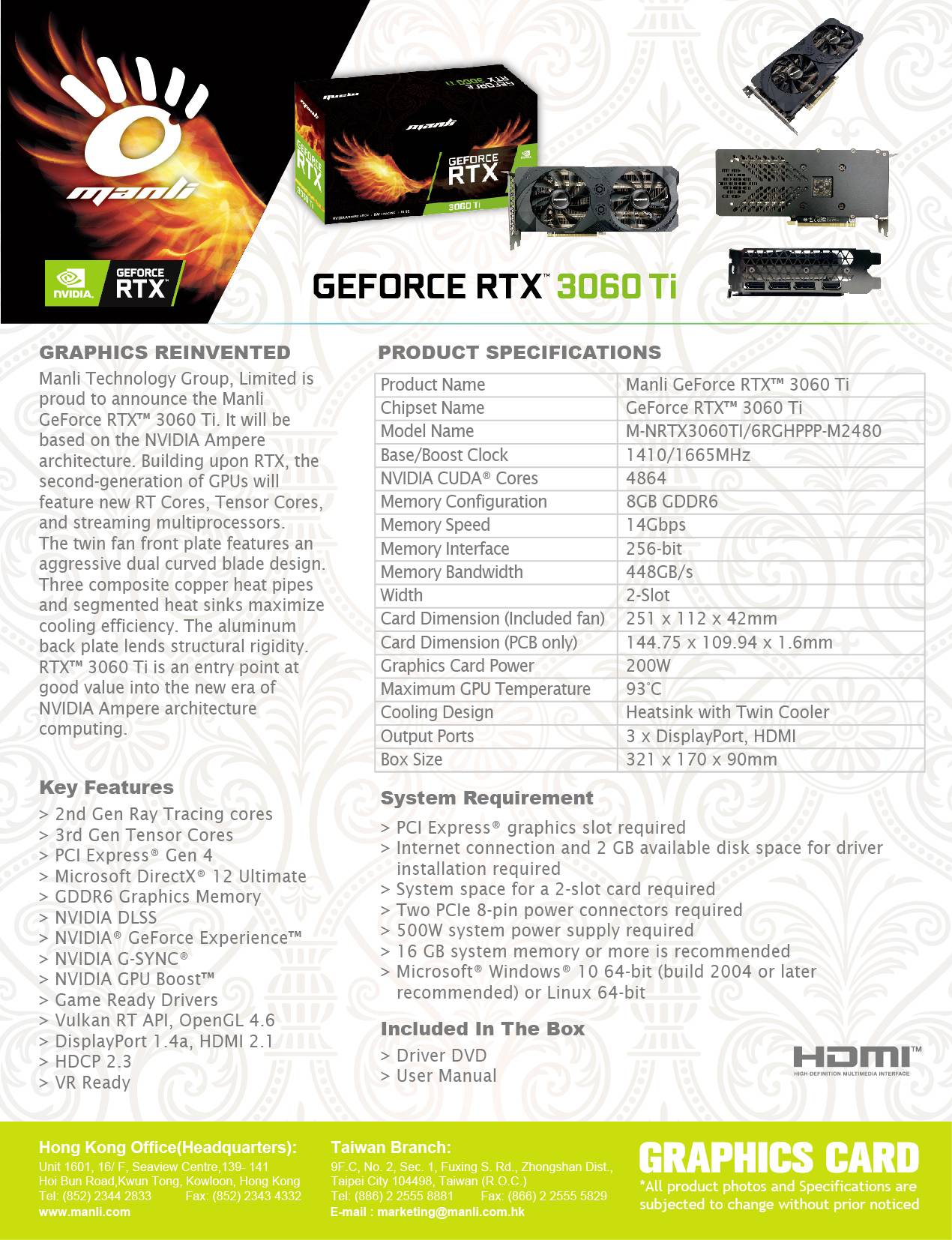 Manli Carte graphique Nvidia GeForce RTX 3060 Ti 8 GB GDDR6-RAM PCIe 4.0 x16, HDMI™, DisplayPort-7