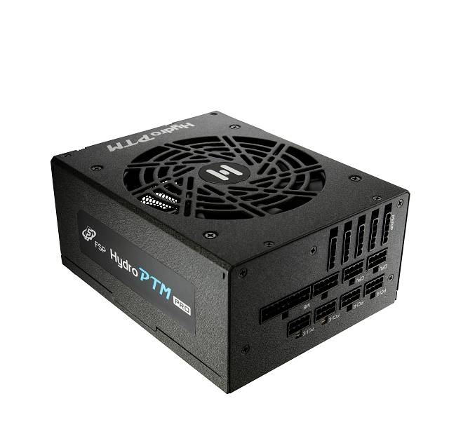 « Un bloc d'alimentation informatique noir avec plusieurs emplacements, étiqueté FSP Hydro PTM. »